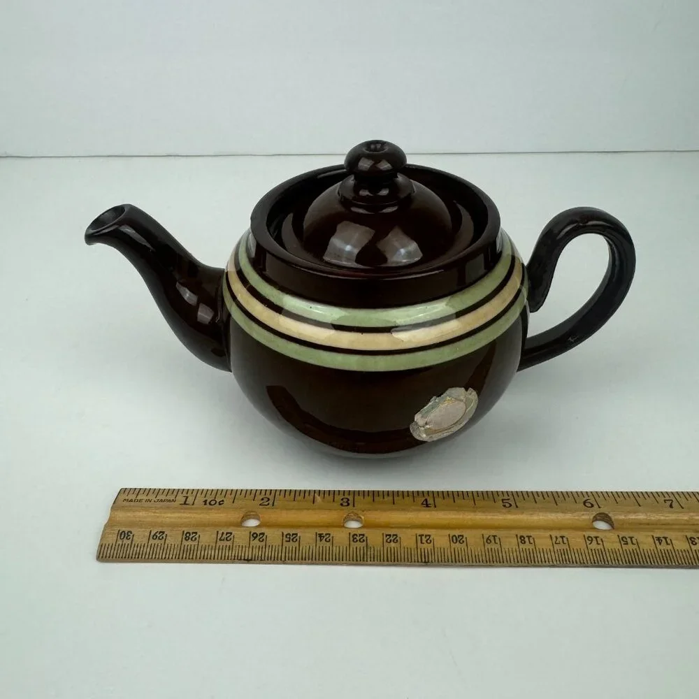 Vtg Single Serve Brown Genuine Old English Redware Teapot‎ w Green Tan Stripes